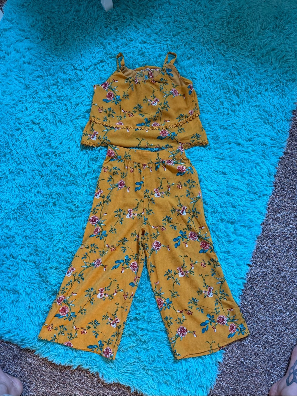 Knitworks Mustard Floral Two-Piece Wide-Leg Set
